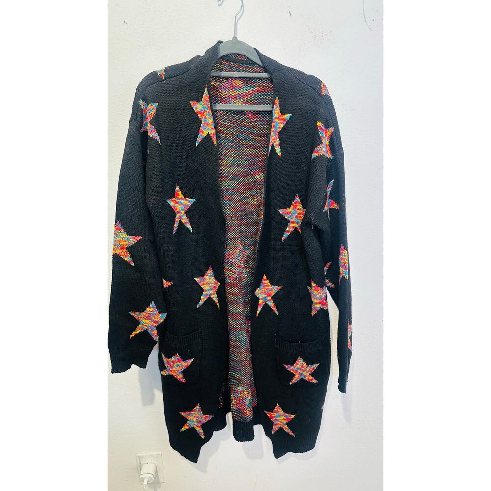 Unbranded Black Multicolor Five Point Star Oversized Sweater Cardigan sz XL - Picture 2 of 10